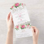 Bat Mitzvah Gold Type Pink Floral Watercolor Party All In One Invitation<br><div class="desc">Be proud, rejoice and showcase this milestone of your favourite Bat Mitzvah! Send out this stunning, modern, custom all-in-one invitation for an event to remember. A chic, stunning, pink and peach floral watercolor with faux gold foil handwritten script typography and modern dusty rose and grey sans serif type overlay a...</div>