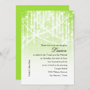 Bat Mitzvah Green and White Sparkly Lights Invitation