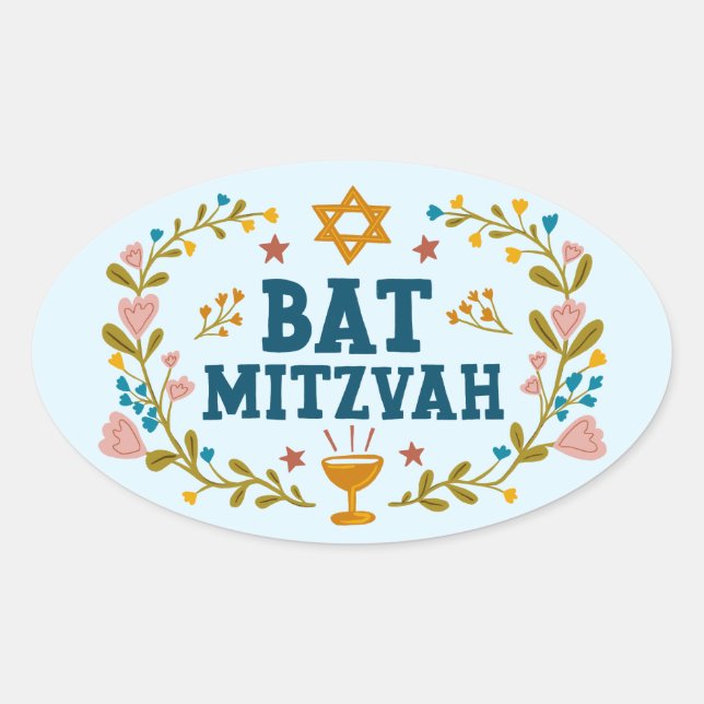 BAT MITZVAH Hand-drawn floral Jewish Customizable  Oval Sticker (Front)