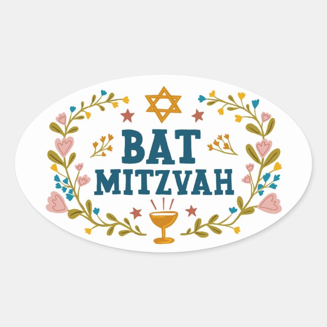 BAT MITZVAH Hand-drawn floral Jewish Customizable  Oval Sticker (Front)