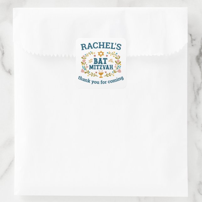 BAT MITZVAH Hand-drawn floral Jewish Customizable  Square Sticker (Bag)