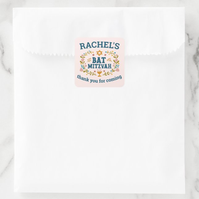 BAT MITZVAH Hand-drawn floral Jewish Customizable  Square Sticker (Bag)