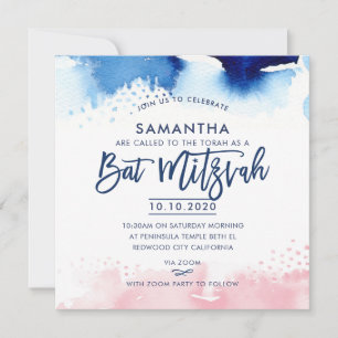 BAT MITZVAH hand lettered blue & pink watercolor Invitation