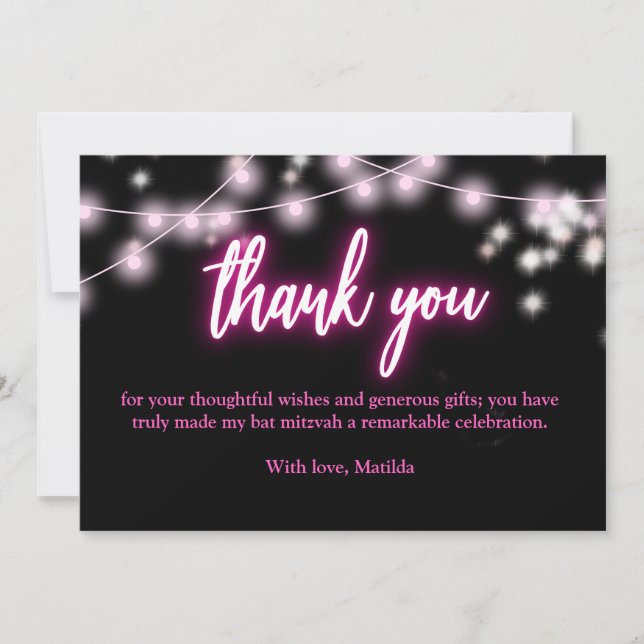 Bat Mitzvah Hot Pin  Neon Themed Thank You Card (Front)