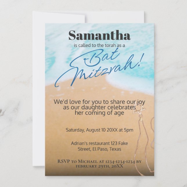 Bat mitzvah invitation: Beach theme, QR Invitation (Front)