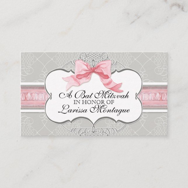 Bat Mitzvah Invitation - French Bow Damask Swirl (Front)