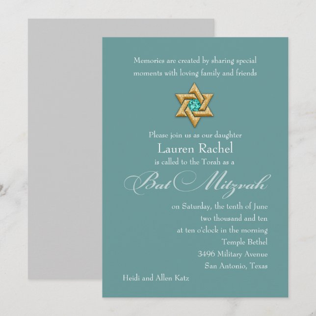 Bat Mitzvah Invitation Gold Star of David (Front/Back)