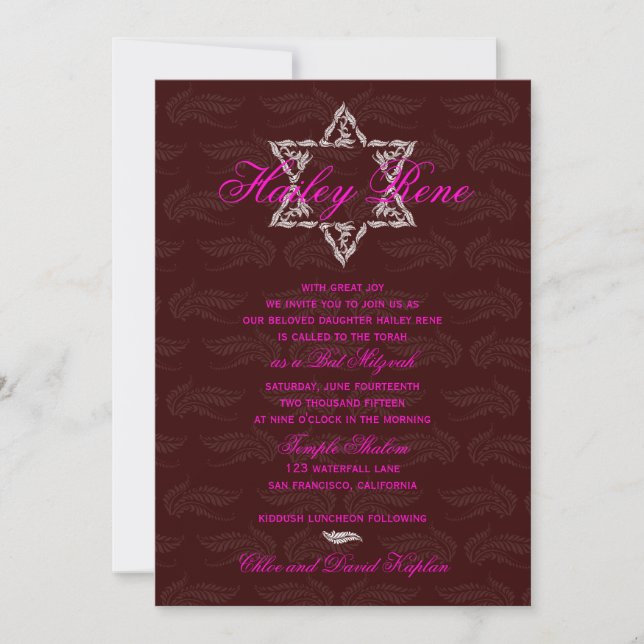 Bat Mitzvah Invitation Hailey with Damask Maroon (Front)