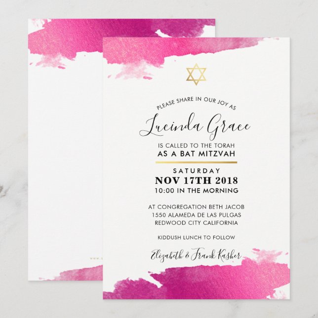 BAT MITZVAH INVITATION moderne doré doré rose noir (Devant / Derrière)