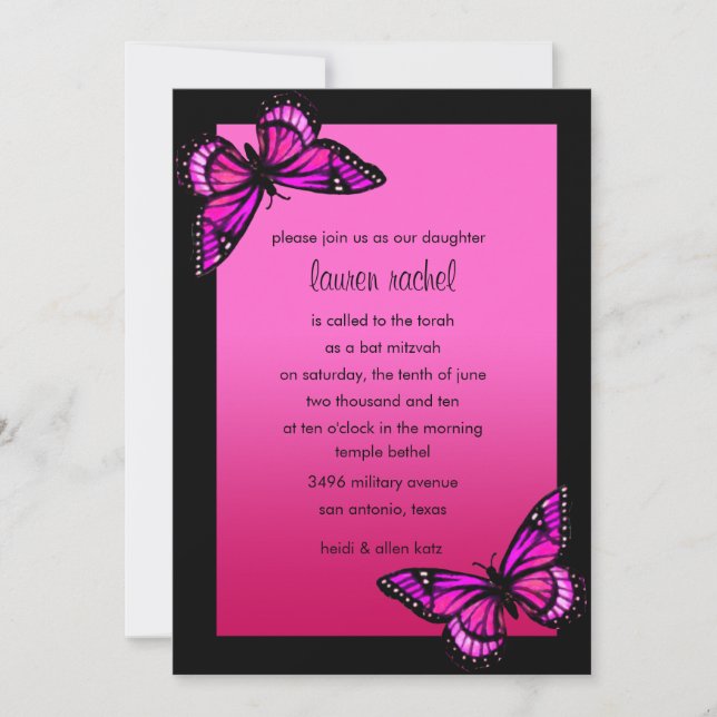 Bat Mitzvah Invitation Pink Butterfly (Front)
