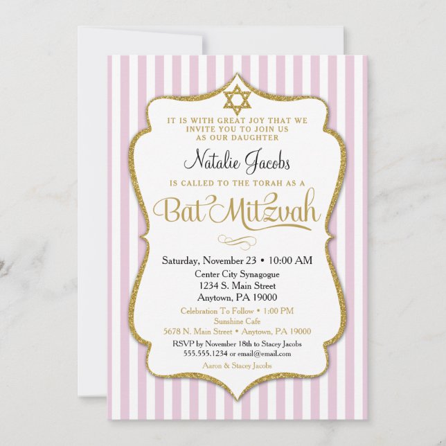 Bat Mitzvah Invitation Pink Gold Elegant Stripe (Front)