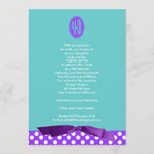 Bat Mitzvah Invitation Purple Bow Polka Dot