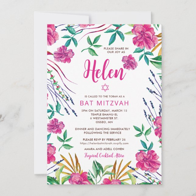 Bat Mitzvah Invitation Tropical Floral (Front)