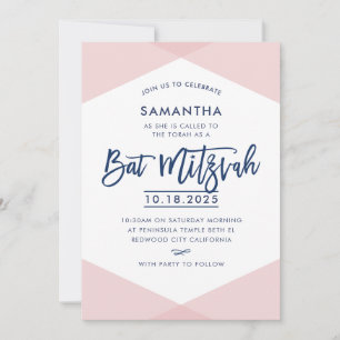 BAT MITZVAH INVITE hand lettered navy pale pink