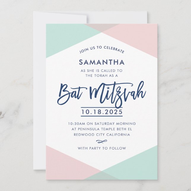 BAT MITZVAH INVITE hand lettered pale pink mint (Front)