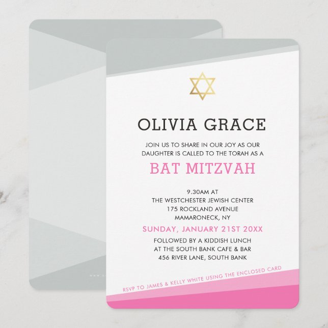BAT MITZVAH INVITE simple modern angles pink (Front/Back)