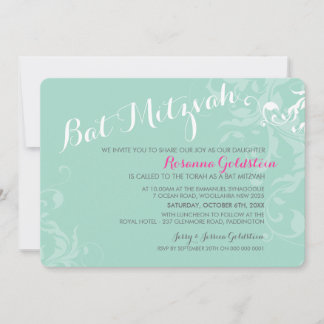 BAT MITZVAH INVITES elegant flourish mint pink