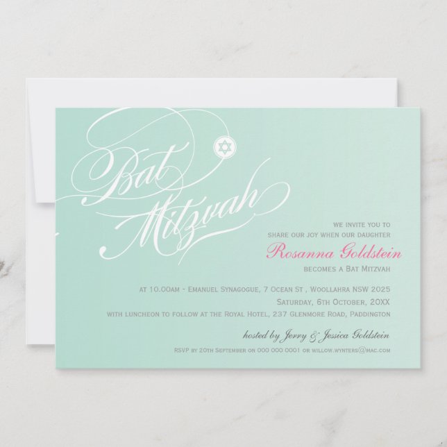 BAT MITZVAH INVITES stylish typography ombre mint (Front)
