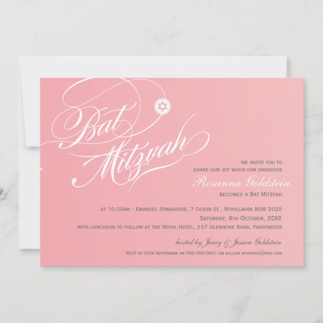 BAT MITZVAH INVITES stylish typography ombre pink (Front)