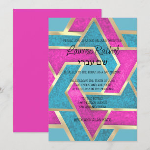 Bat Mitzvah Layered Stars of David Turquoise Pink Invitation