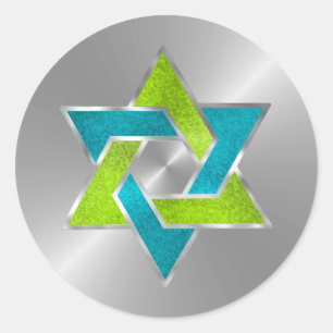 Bat Mitzvah Lime Turquoise Star of David Silver Classic Round Sticker