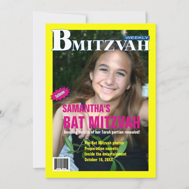 Bat Mitzvah Magazine Invitation Yellow Pink (Front)