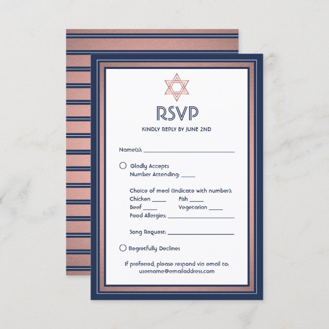 Bat Mitzvah Meal Options Song Request Blue & Pink RSVP Card (Front/Back)