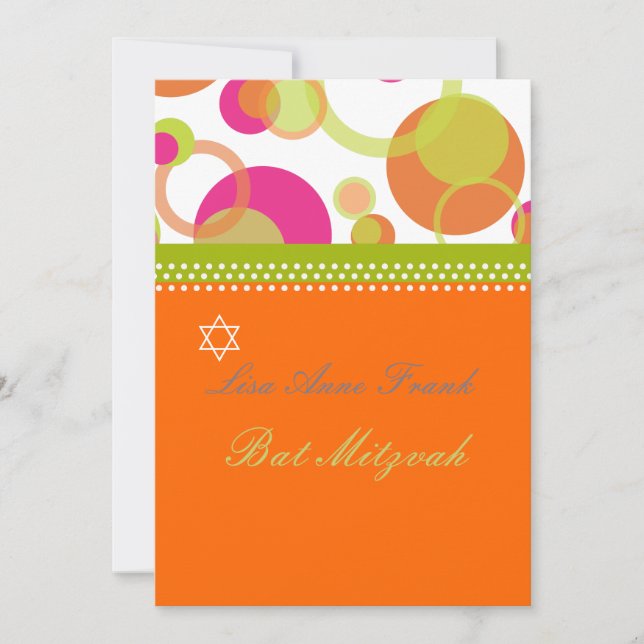 Bat  Mitzvah+Mod Bubbles/orange/hot pink Invitation (Front)