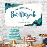 Bat Mitzvah Modern Agate Gold Turquoise Script Banner<br><div class="desc">Be proud, rejoice and showcase this milestone of your favourite Bat Mitzvah! Hang up this cool, unique, modern, personalized banner to add to her special day. Dark teal blue script typography and a faux gold Star of David overlay a simple, clean white background with turquoise blue agate rocks accented with...</div>