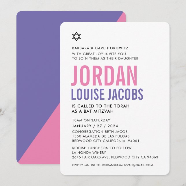 BAT MITZVAH modern basic bold colourful pink purpl Invitation (Front/Back)