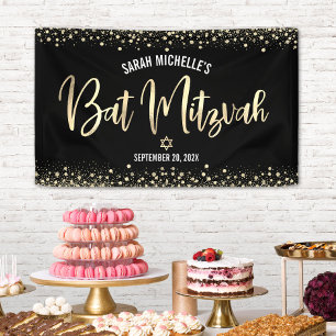 Bat Mitzvah Modern Black Gold Foil Glitter Script Banner
