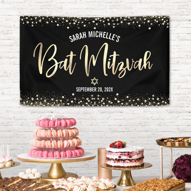 Bat Mitzvah Modern Black Gold Foil Glitter Script Banner (Creator Uploaded)