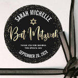 Bat Mitzvah Modern Black Gold Foil Glitter Script Classic Round Sticker<br><div class="desc">Be proud, rejoice and celebrate this milestone of your favourite Bat Mitzvah whenever you use this sophisticated, personalized sticker! Sparkly gold faux foil handwritten script, a Star of David and tiny confetti glitter dots, with bold, white sans serif typography, overlay a sophisticated, dramatic black background. Personalize the custom text with...</div>