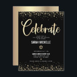 Bat Mitzvah Modern Black Gold Foil Glitter Script Enclosure Card<br><div class="desc">Be proud, rejoice and showcase this milestone of your favourite Bat Mitzvah! Include this stunning, modern, personalized insert for additional information to your event. Graphic faux gold foil calligraphy script, Star of David, and confetti, overlay a rich, dramatic, black background. Personalize the custom text with your Bat Mitzvah’s name, date,...</div>