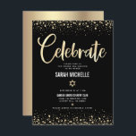 Bat Mitzvah Modern Black Gold Foil Glitter Script Enclosure Card<br><div class="desc">Be proud, rejoice and showcase this milestone of your favourite Bat Mitzvah! Include this stunning, modern, personalized insert for additional information to your event. Graphic faux gold foil calligraphy script, Star of David, and confetti, overlay a rich, dramatic, black background. Personalize the custom text with your Bat Mitzvah’s name, date,...</div>