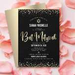 Bat Mitzvah Modern Black Gold Glitter Foil Script  Invitation<br><div class="desc">Be proud, rejoice and showcase this milestone of your favourite Bat Mitzvah! Send out this stunning, modern, sophisticated, personalized invitation for an event to remember. Graphic faux gold foil calligraphy script, Star of David, and confetti, overlay a rich, dramatic, black background. A faux gold Star of David overlays a faux...</div>