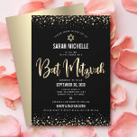 Bat Mitzvah Modern Black Gold Glitter Foil Script  Invitation<br><div class="desc">Be proud, rejoice and showcase this milestone of your favourite Bat Mitzvah! Send out this stunning, modern, sophisticated, personalized invitation for an event to remember. Graphic faux gold foil calligraphy script, Star of David, and confetti, overlay a rich, dramatic, black background. A faux gold Star of David overlays a faux...</div>