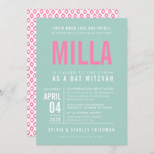 BAT MITZVAH modern block type pastel mint pink Invitation