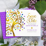 Bat Mitzvah Modern Bold Purple Gold Tree of Life Save The Date<br><div class="desc">Make sure all your friends and relatives will be able to celebrate your daughter’s milestone Bat Mitzvah! Send out this stunning, graphic faux gold foil tree with sparkly turquoise, teal, purple and blue Star of David and dot “leaves” on a white background, personalized “Save the Date” announcement card. A tiny,...</div>