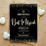 Bat Mitzvah Modern Bold Script Black Real Gold<br><div class="desc">Be proud, rejoice and showcase this milestone of your favourite Bat Mitzvah! Send out this stunning, modern, sophisticated, personalized invitation for an event to remember. Graphic real gold foil calligraphy script, bold type, Star of David, and confetti overlay a rich, dramatic, black background. A faux gold Star of David overlays...</div>