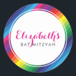 BAT MITZVAH modern colourful rainbow bright stripe Classic Round Sticker<br><div class="desc">by kat massard >>> https://linktr.ee/simplysweetpaperie <<< 
Love the design,  but would like to see some changes - another colour scheme,  product,  add a photo or adapted for a different occasion - no worries simply contact me,  kat@simplysweetPAPERIE.com - I am happy to help!</div>
