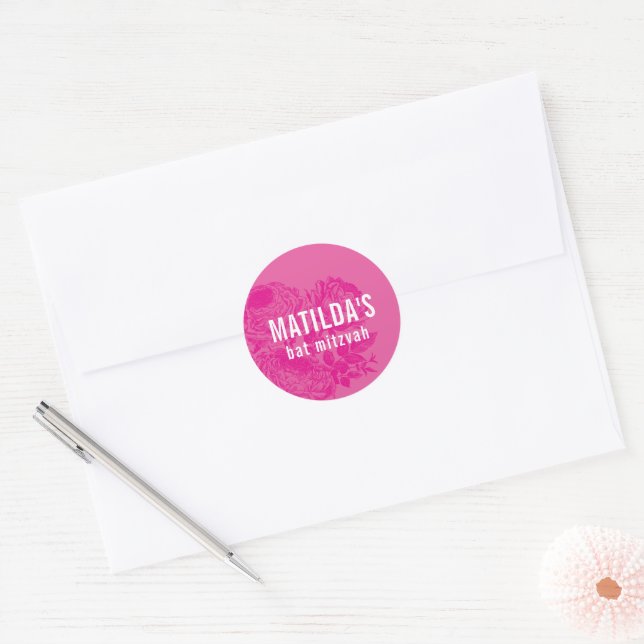 BAT MITZVAH modern elegant floral pretty pink Classic Round Sticker (Envelope)