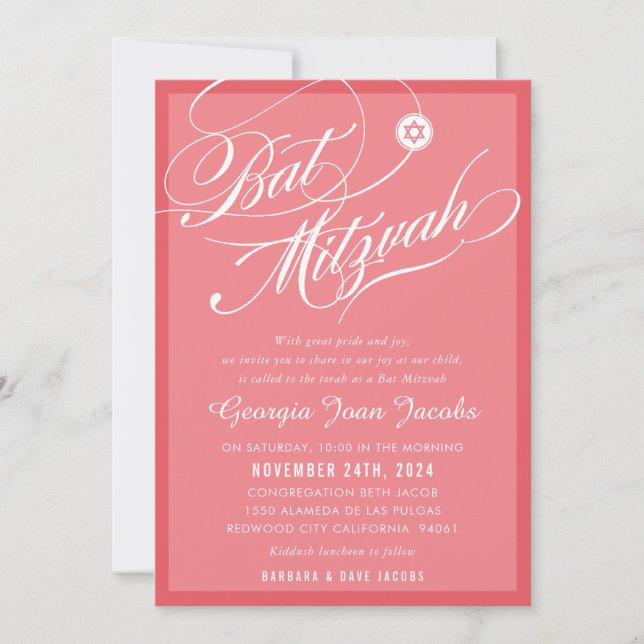 BAT MITZVAH modern elegant script flamingo pink Invitation (Front)
