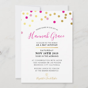 BAT MITZVAH modern fun confetti spots gold pink Invitation