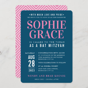 BAT MITZVAH modern geometric stack pink dark blue Invitation