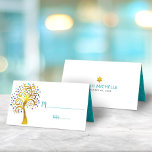 Bat Mitzvah Modern Gold and Teal Foil Tree of Life Place Card<br><div class="desc">No Bat Mitzvah party is complete without personalized place cards. Let your favourite Bat Mitzvah be proud, rejoice and celebrate her milestone at her perfectly coordinated party. This sophisticated, chic, stunning, graphic faux gold foil tree with sparkly purple, turquoise, teal and blue Star of David and dot “leaves” and teal...</div>