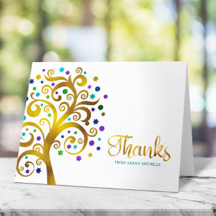 Bat Mitzvah Modern Gold and Teal Foil Tree of Life Thank You Card