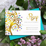 Bat Mitzvah Modern Gold Foil Blue Tree of Life RSVP Card<br><div class="desc">Be proud, rejoice and showcase this milestone of your favourite Bat Mitzvah! Include this graphic faux gold foil tree with sparkly turquoise, teal, purple and blue Star of David and dot “leaves” on a white background, personalized RSVP insert card for your event. A tiny, light turquoise blue Star of David...</div>