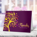 Bat Mitzvah Modern Gold Foil Tree of Life Burgundy Thank You Card<br><div class="desc">Make sure your favourite Bat Mitzvah shows her appreciation to all who supported her milestone event! Send out this sophisticated, personalized thank you card! This graphic faux gold foil tree with sparkly pink, orange, and red Star of David and dot “leaves” overlays a rich, purple burgundy background. Personalize the custom...</div>