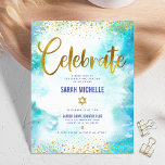 Bat Mitzvah modern gold foil turquoise watercolor Enclosure Card<br><div class="desc">Be proud, rejoice and showcase this milestone of your favourite Bat Mitzvah! Include this stunning, modern, sparkly gold faux foil and glitter dots and typography script against a turquoise watercolor background, personalized insert for additional information to your event. Personalize the custom text with your Bat Mitzvah’s name, date, and venue...</div>